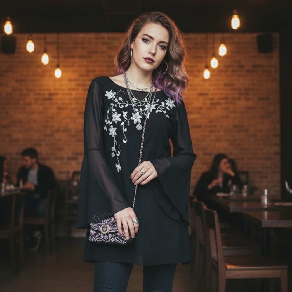 Black Goth Fairy Tunic Dress w/ Slip & Bell Sleeves - Vintage
